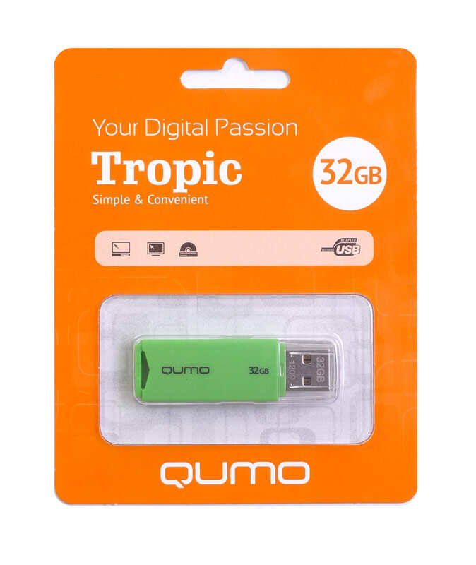 Заказать онлайн Флеш карта QUMO 32Gb TROPIC зеленая с колпачком USB 2.0 в интернет-магазине компьютерной техники com-dv.ru с доставкой по Хабаровску недорого.